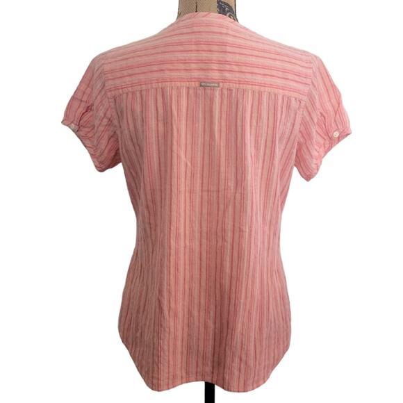 Small Columbia v-neck short sleeve bib bouse, pink and peach stripes - Picture 2 of 4